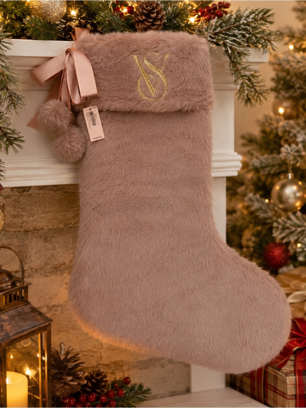 Victoria’s Secret Faux Fur Christmas Stocking Mauve Blush Pink Gold VS NWT